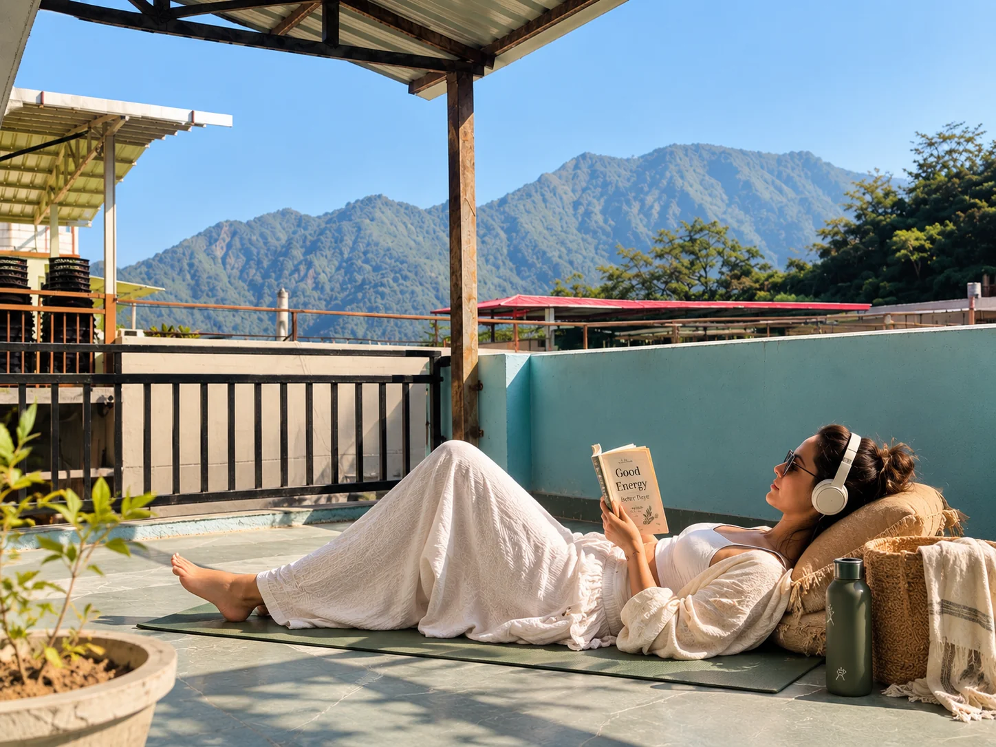 Reading on the Sanskriti rooftop