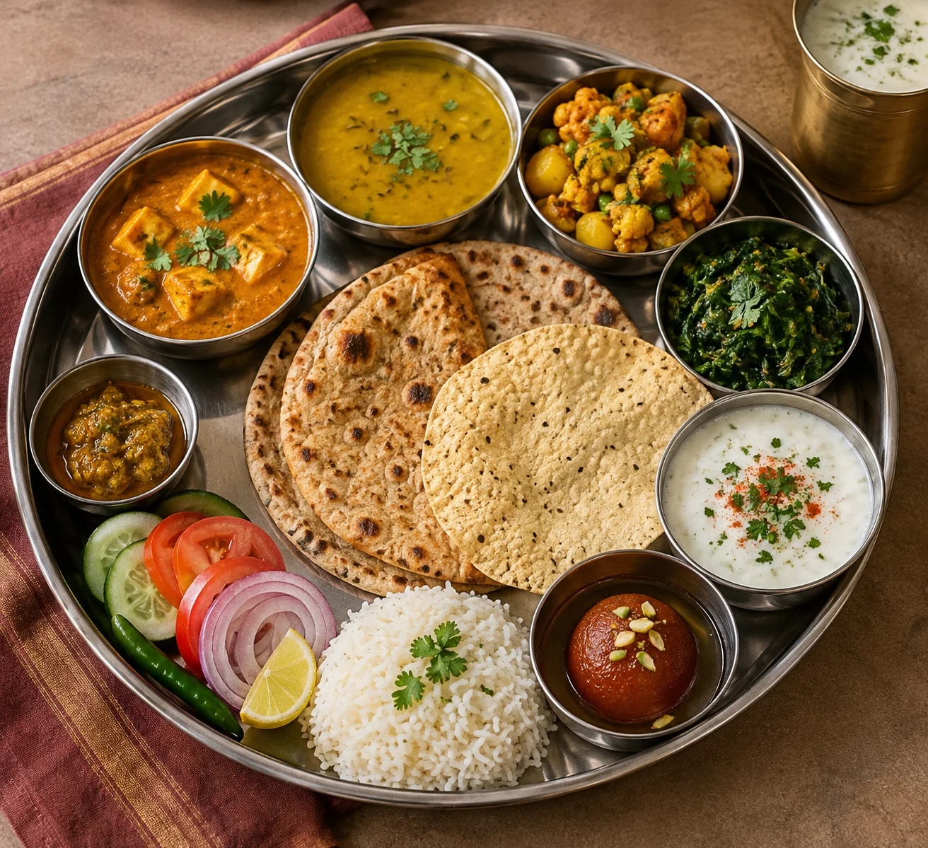 A thali with roti, rice, dal, vegetables and accompaniments