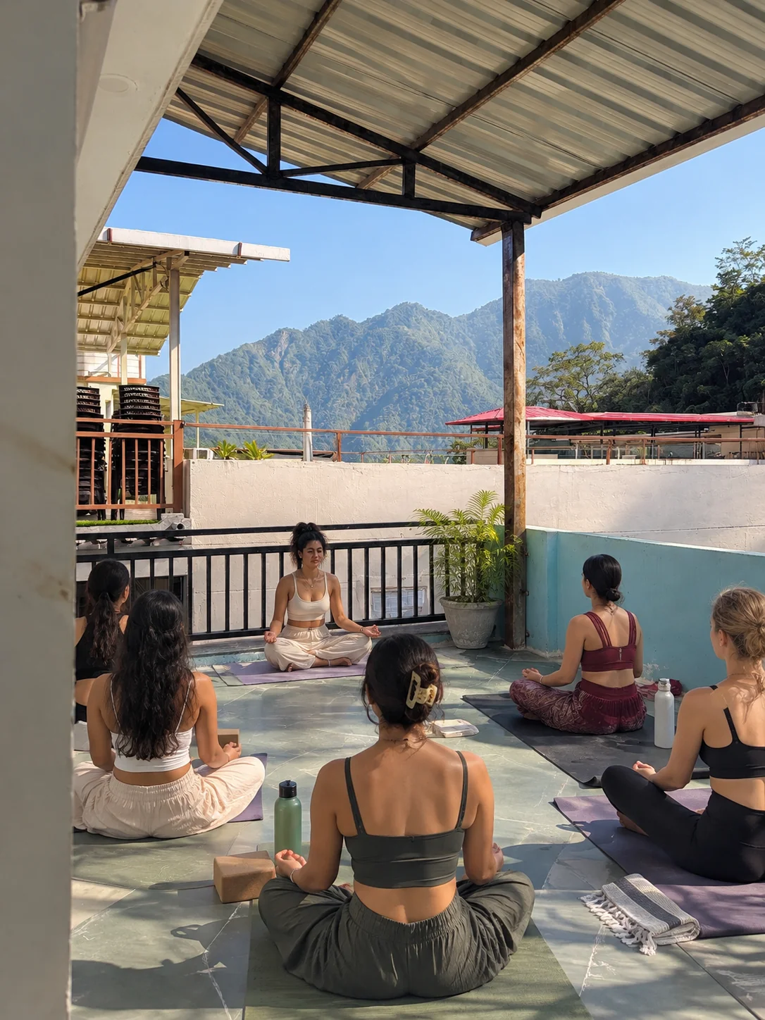 Rooftop yoga with mountain views